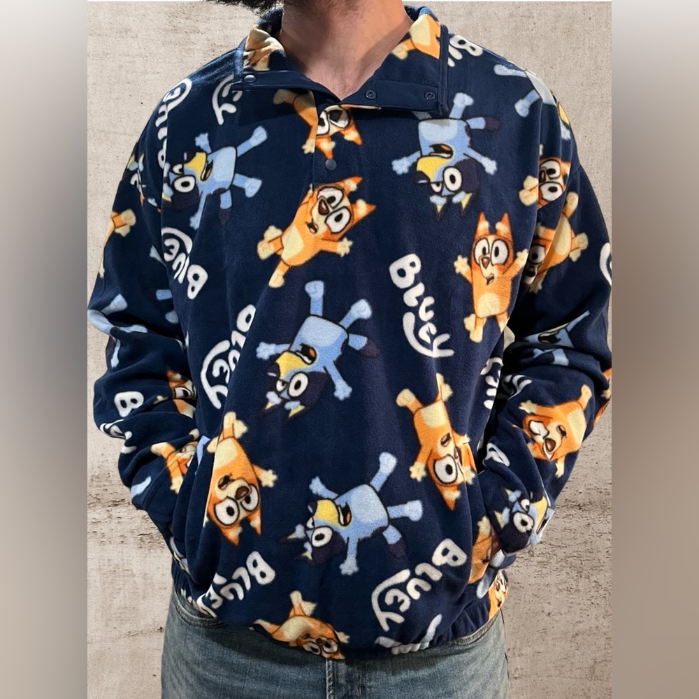 Bluey Polar Fleece Jacket, Color navy fleece features Bluey Size Large.